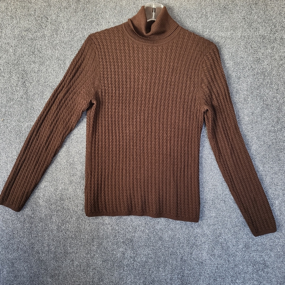 Brooks Brothers Women's M Brown Wool Silk Cashmere Cable Knit Turtleneck Sweater